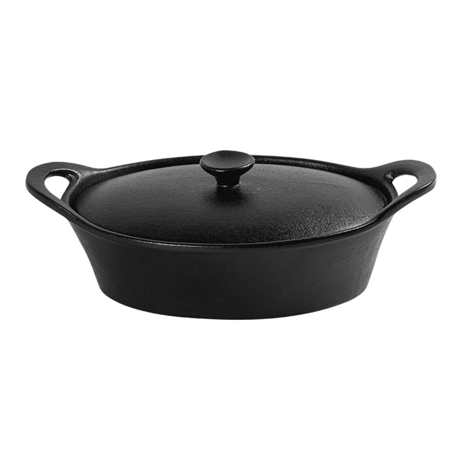 Oval ildfast form med lokk i sort steingods, perfekt for servering og langstidssteking.
