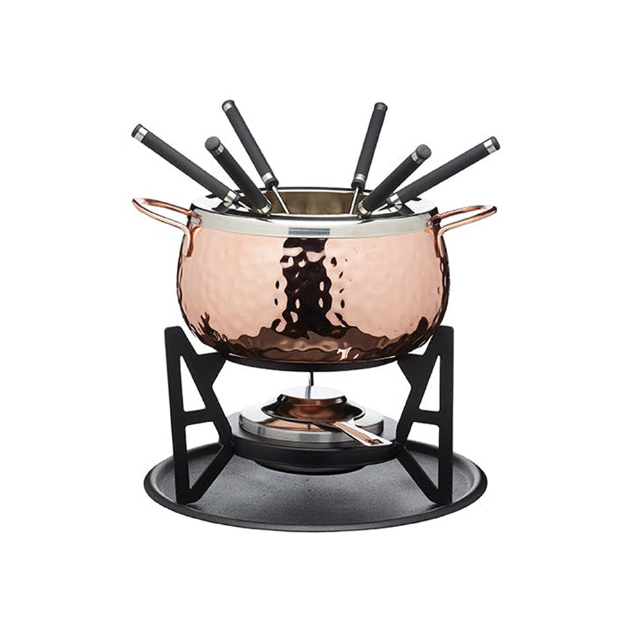 Artesa Fonduesett Kobber med hammerslagfinish, komplett med gryte, stativ og fonduegafler, perfekt for koselige middager.