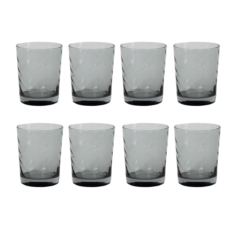 Sett med 8 sotete vannglass i moderne design fra Ask Jade, optimale for både hverdags og fest.