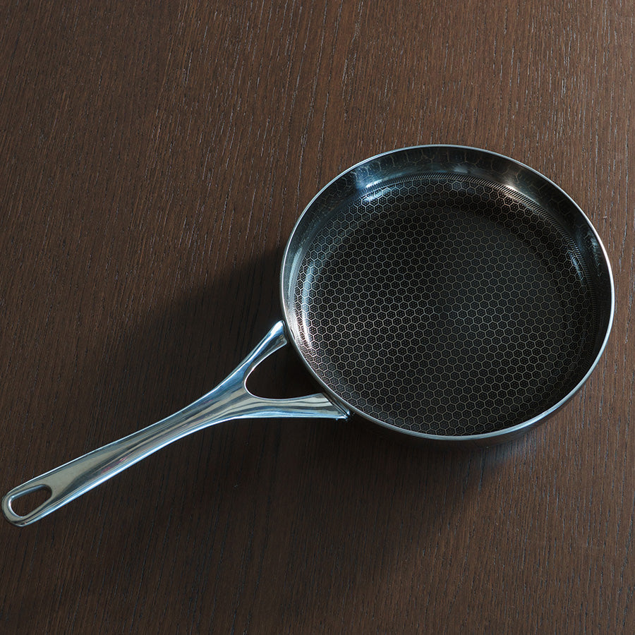 Ask Kull stekepanne sett ovenfra med rustfritt stål og hexagonmønstret keramisk belegg