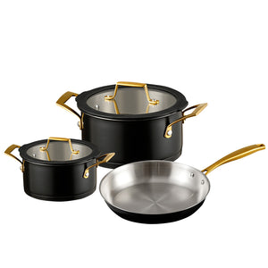 Elegant grytesett fra Ask Obsidian med gryte og stekepanne, perfekt for matlaging.