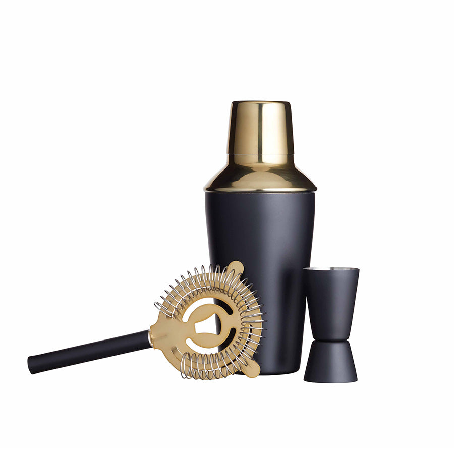 Stilig Barcraft cocktailsett i matt svart og gull, inkludert cocktailshaker, jigger og sil.