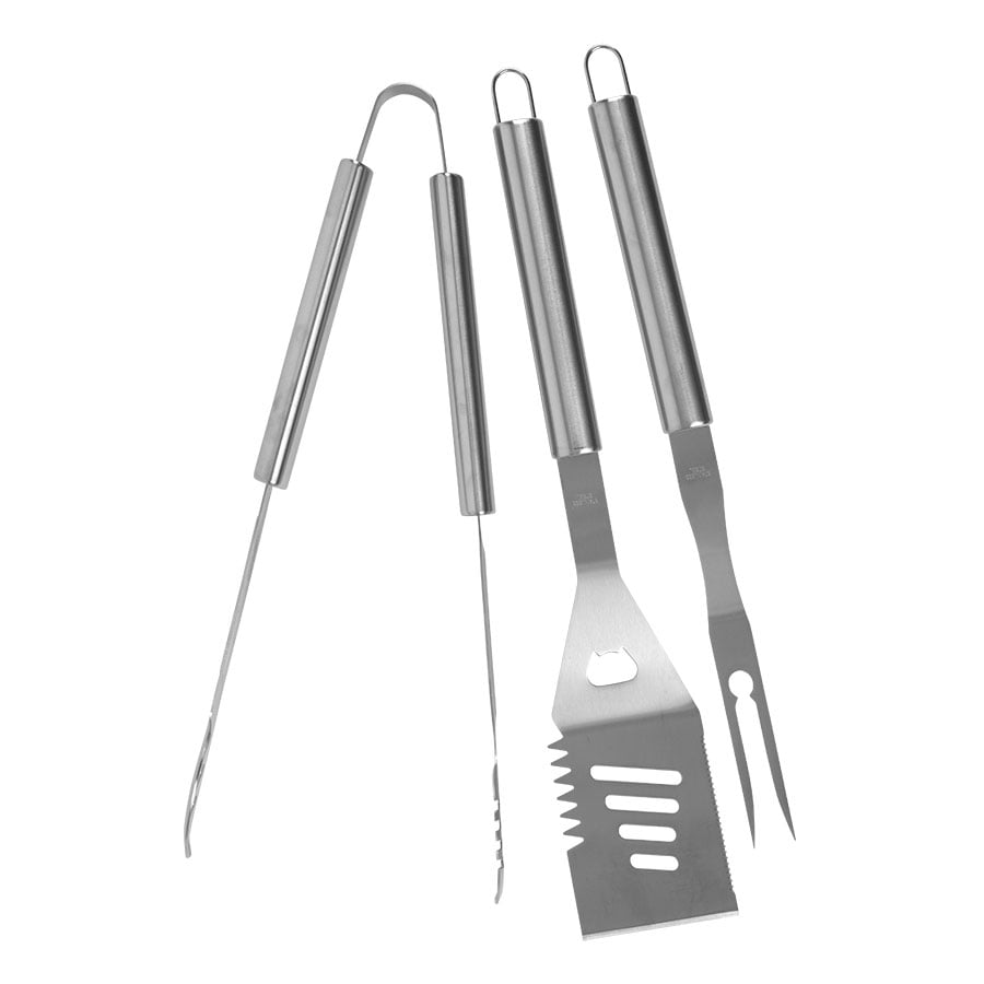 Stilrent grillsett med grilltang, stekespade og grillgaffel i børstet rustfritt stål, perfekt for en vellykket grillkveld.