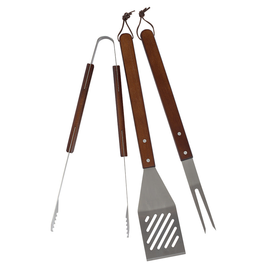 Seasons BBQ sett med 3 deler: grilltang, stekespade og grillgaffel i børstet stål med trehåndtak, perfekt for grilling.