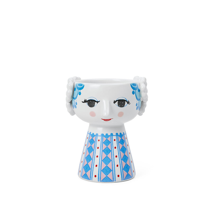 Bjørn Winblad Eva lysestake i keramikk med håndtegnet design, i blå og rosa nyanser, perfekt for telys og små stearinlys.