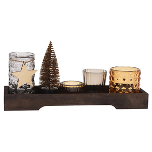 Børscompagniet lysfat med dekorativt juletre og fire glassholdere i ulike størrelser, perfekt som stemningsfull juledekorasjon