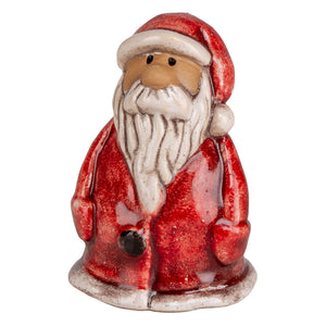 Rød keramikk nisse med hvitt skjegg og nisselue, 8 cm høy julefigur fra Børscompagniet