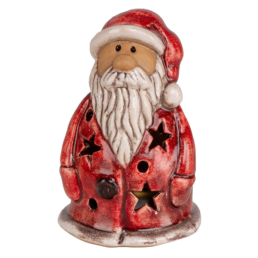 Rød keramisk nisse med stjerneformede utskjæringer og LED-lys, 10,5 cm