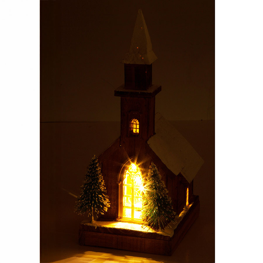 Julepynt Kirke m/ Snø + LED-Lys 37cm