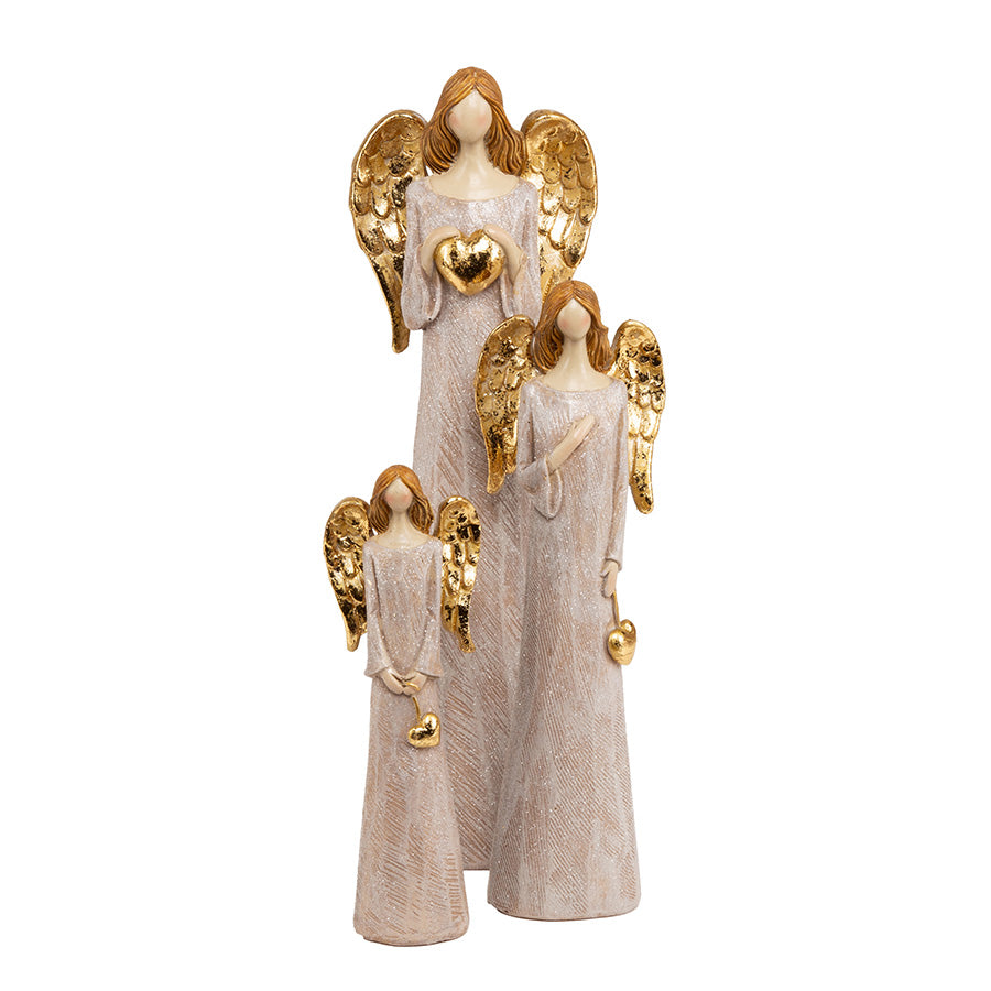 Tre dekorative engler med gullvinger, som symboliserer kjærlighet og harmoni, ideelle for julepynt og dekorasjoner.