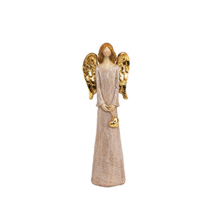 Liten engel med gullhjerte og gyldne vinger, perfekt størrelse for juledekorasjon og som gave.