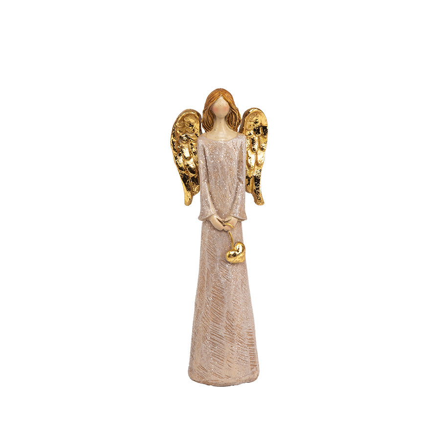 Liten engel med gullhjerte og gyldne vinger, perfekt størrelse for juledekorasjon og som gave.