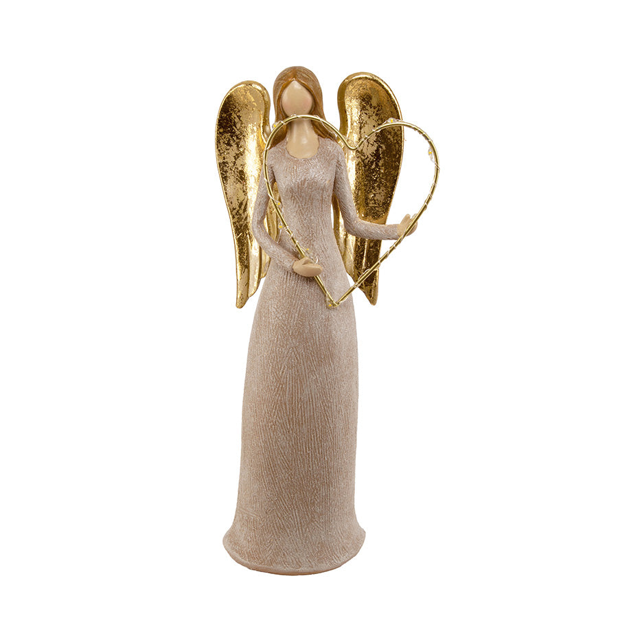 Beige og gull engel med hjerte – elegant julepynt fra Børscompagniet, 28 cm