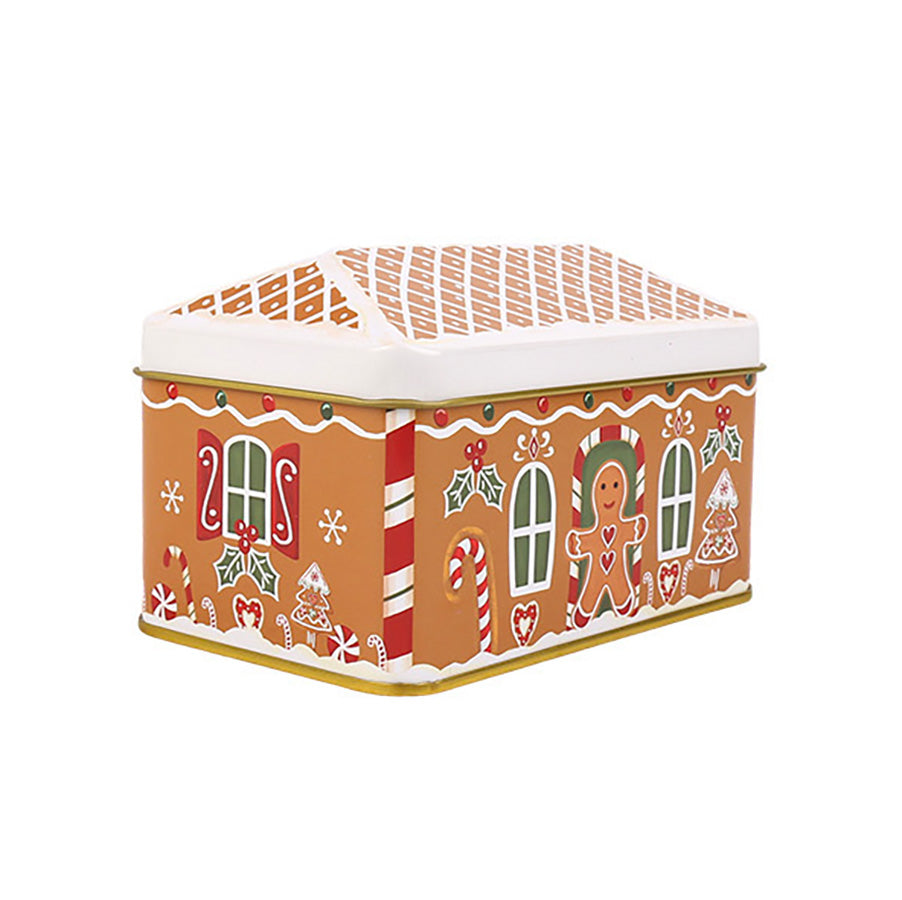 Brun metallboks som pepperkakehus på 12 x 8 x 8 cm sett fra siden, med kristtorn og stokkestriper