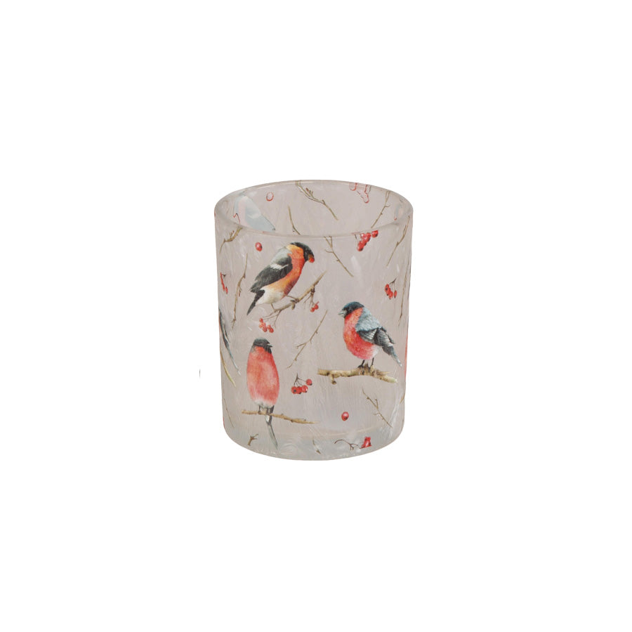 Børscompagniet lysglass 6 x 7,5 cm i frostet glass med dompaper og røde bær