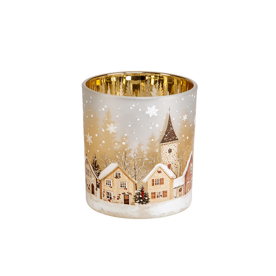 Børscompagniet lysglass 8 x 9 cm i frostet glass med juleby og kirketårn
