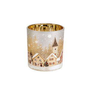 Børscompagniet lysglass 8 x 9 cm i frostet glass med juleby og kirketårn