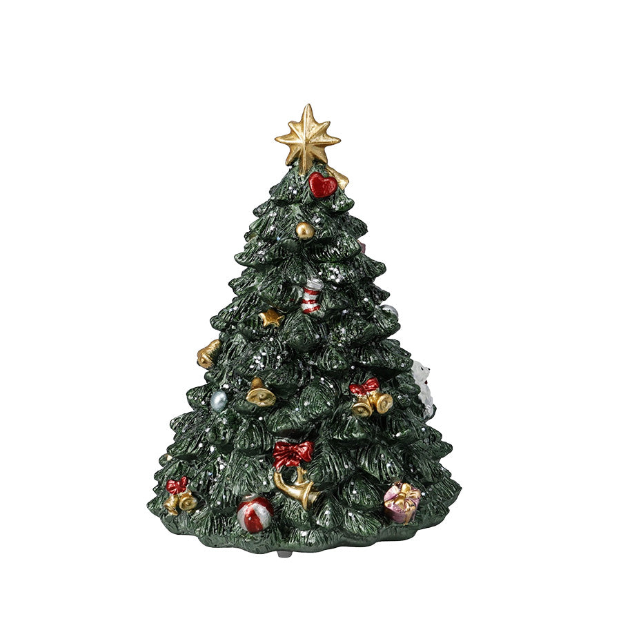 Grønt dekorativt juletre i polyresin med gullstjerne, julepynt, kuler og pakker – 16 cm