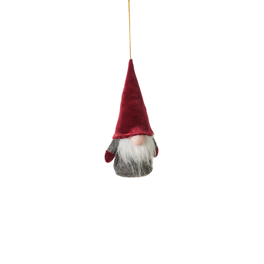 Hengende grå nisse med langt skjegg og rød fløyelslue, 15 cm, til juletre og julepynt