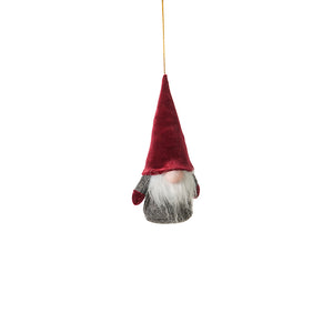 Hengende grå nisse med langt skjegg og rød fløyelslue, 15 cm, til juletre og julepynt