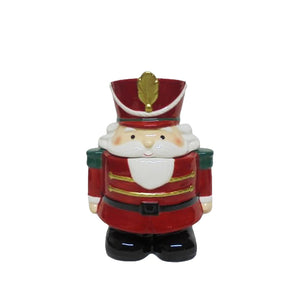 Rød keramisk Krukke med lokk utformet som en detaljrik julenisse, 17 cm høy