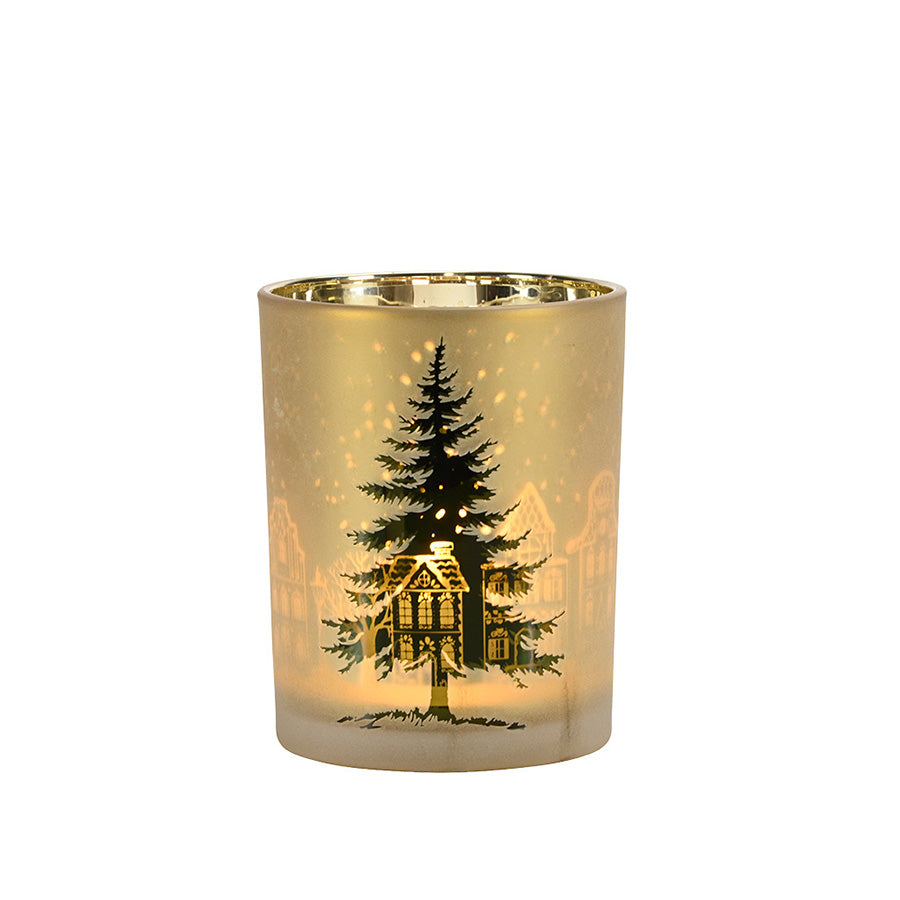 Børscompagniet BC Jul lyslykt i gull og grønt med frostet glass, juletre og julemotiv, 10 x 12,5 cm