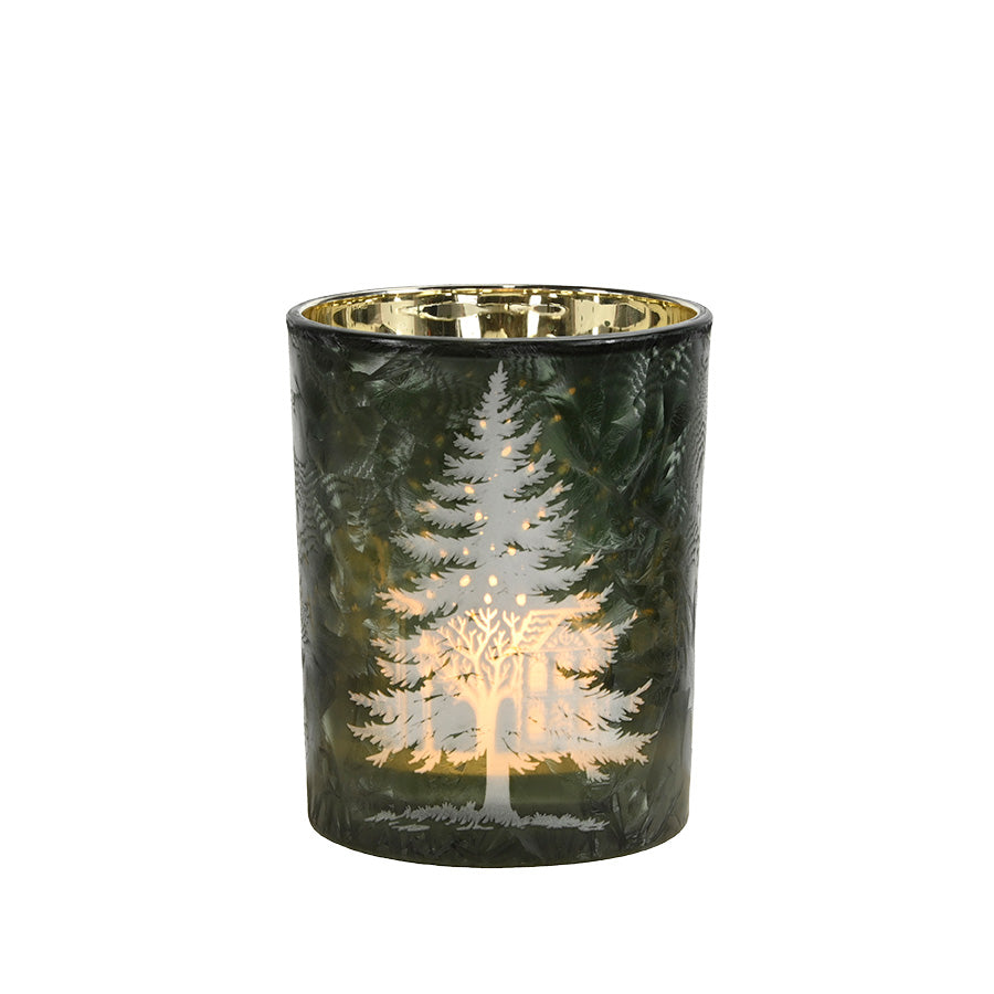 Grønn iset lyslykt fra Børscompagniet med juletremotiv og gyllen innside, 10 x 12,5 cm