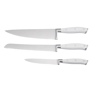 Christiania 1739 Culinary Knivsett 3 Deler Hvit med tre kniver i rustfritt stål og hvite ergonomiske håndtak, designet for presisjon og holdbarhet.