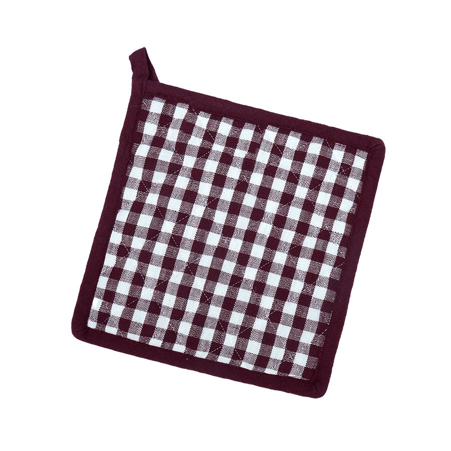 Christiania Glasmagasin gryteklut i burgunder ruter, 20x20 cm, med klassisk rutemønster i varm burgunder og hvitt. Perfekt for kjøkkenbruk.