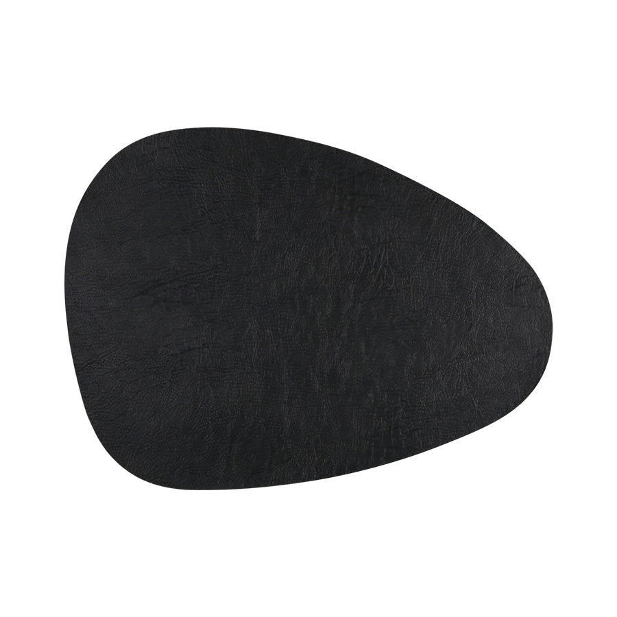 Svart spisebrikke i eggform med teksturert overflate, ideell for elegante måltider.