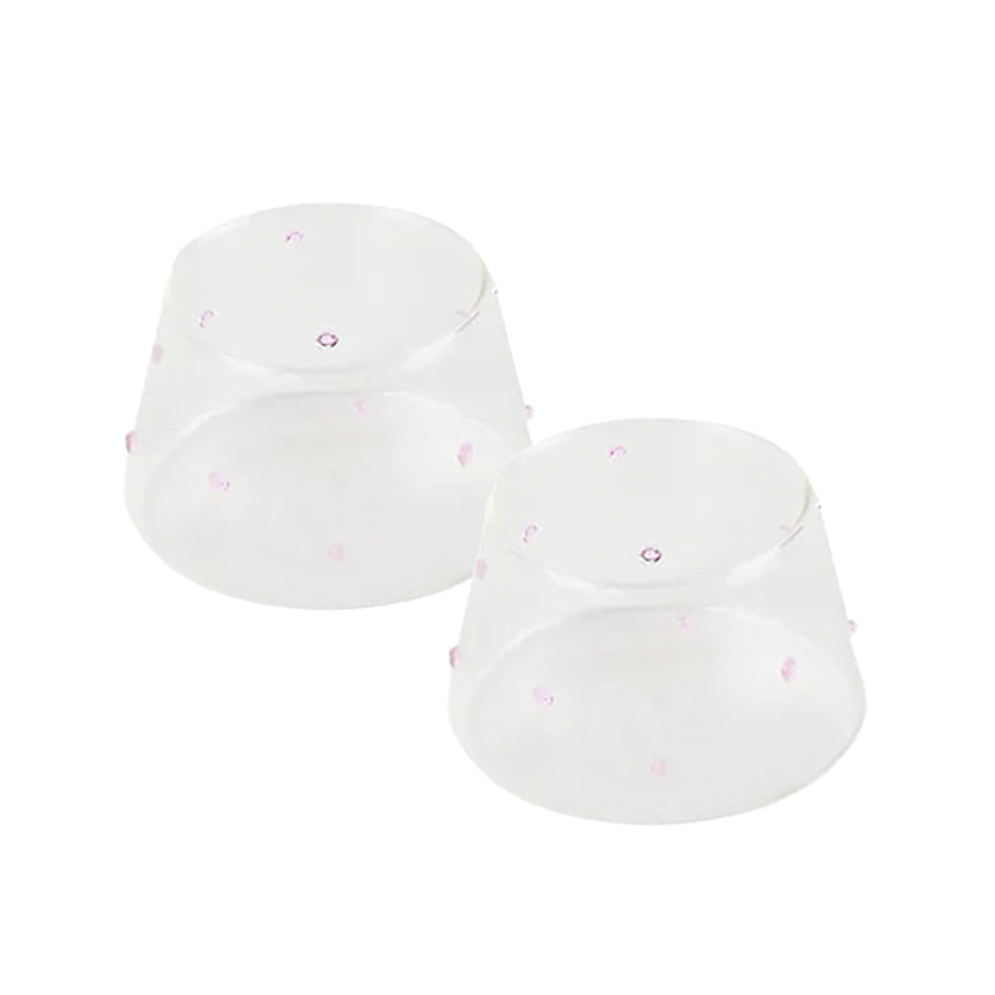 2pk lyslykter i klart glass med rosa prikker, 5 cm høyde, perfekt for dekorasjon og telys.