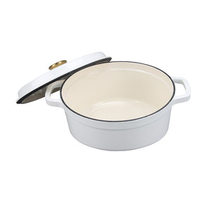 Christiania 1739 Støpejernsgryte Lav 3,4L Hvit - Inkluderer knotter i messing og rustfritt stål, ideell for ovnsbruk.