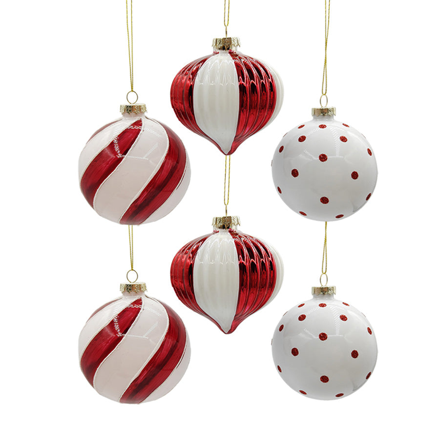 Christiania Glasmagasin Christmas Collection julekuler 6-pakning i rødt og hvitt glass med blank overflate