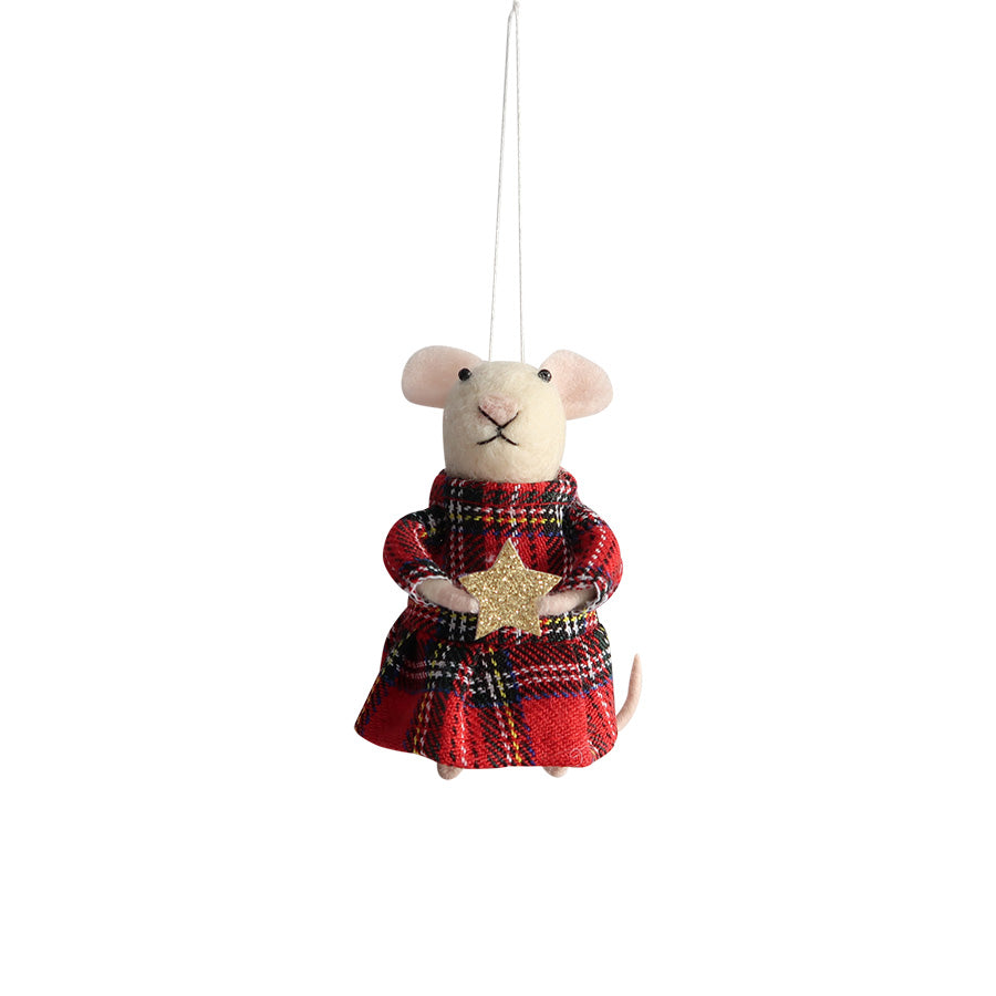 Hengepynt i tovet ull formet som en mus med gullstjerne og rød tartan kjole, perfekt til juletreet
