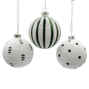 Christiania Glasmagasin Christmas Collection julekuler 6pk Grønn-Mix med grønne og hvite glasskuler i stripete, prikkete og juletremønster