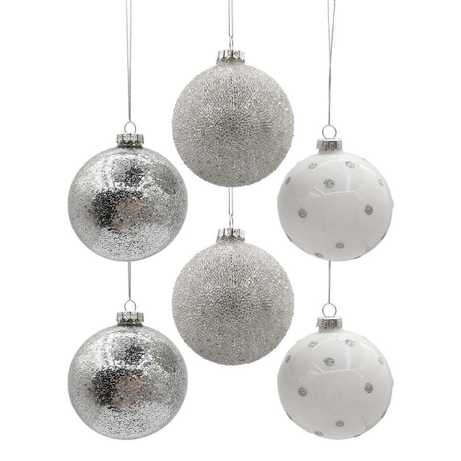 Christiania Glasmagasin julekuler 6pk i sølv-mix med blanke, matte og hvite glasskuler