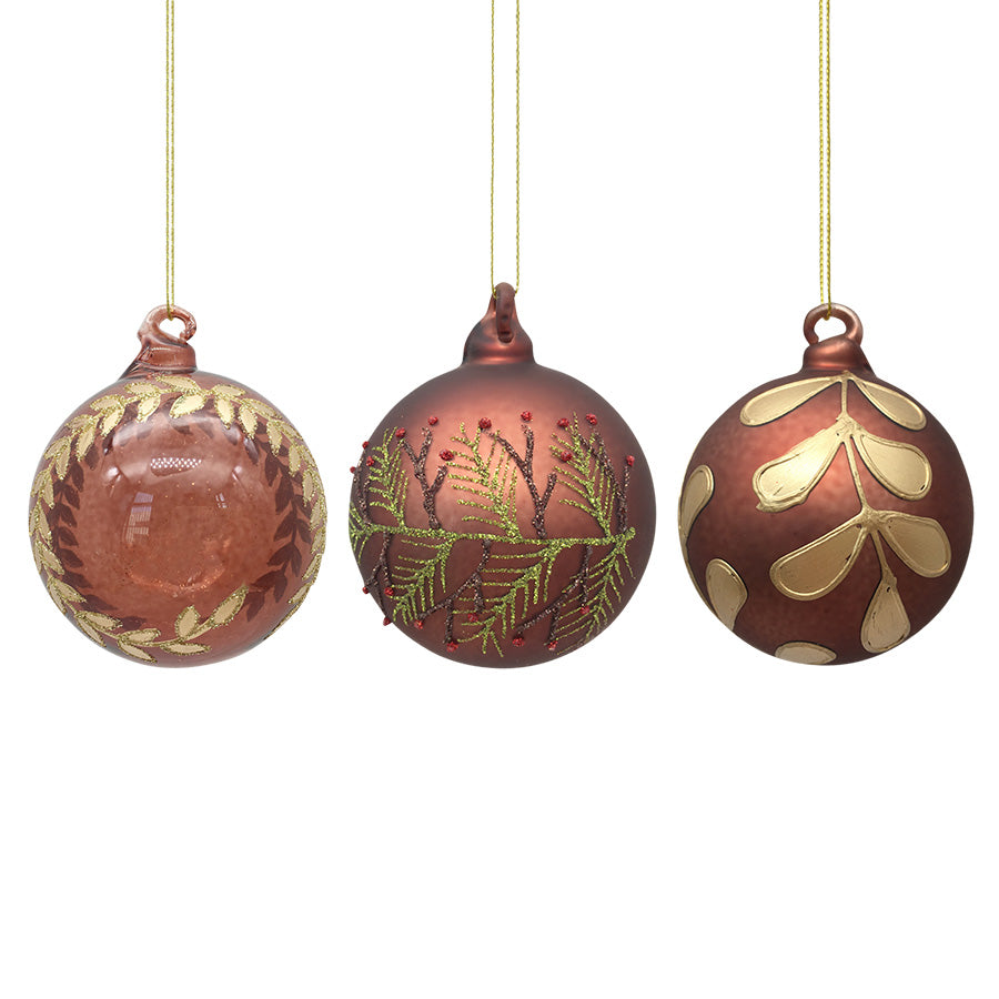 Christiania Glasmagasin julekuler i glass, brun mix 3-pakning med botaniske motiver i gull- og kobbertoner
