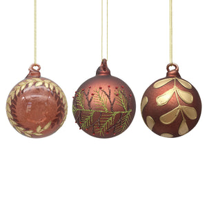 Christiania Glasmagasin julekuler i glass, brun mix 3-pakning med botaniske motiver i gull- og kobbertoner
