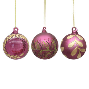 Christiania Glasmagasin julekuler i glass, burgunder mix 3 pk med botaniske motiver i gull og burgundertoner