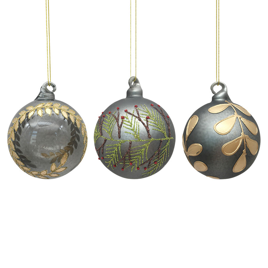 Christiania Glasmagasin Christmas Collection julekuler i glass, grå mix 3-pk med botaniske motiver i gull, sølv og dempede farger