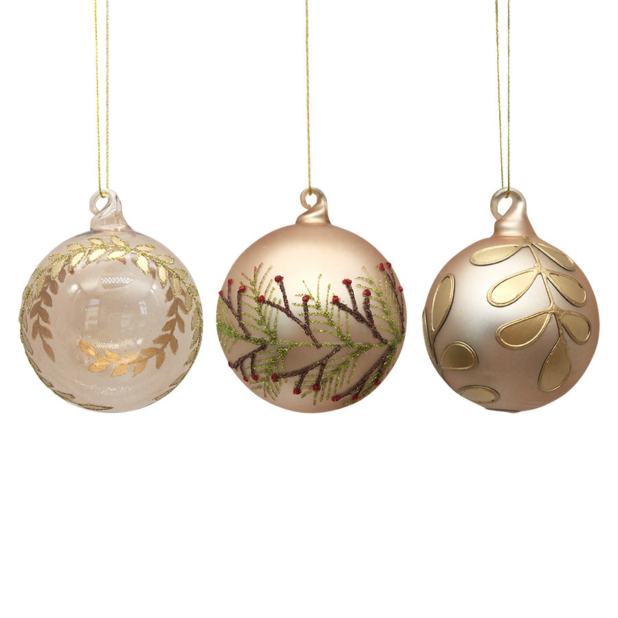 Christmas Collection julekuler i glass, gull mix 3pk med tre ulike elegante design til juletreet