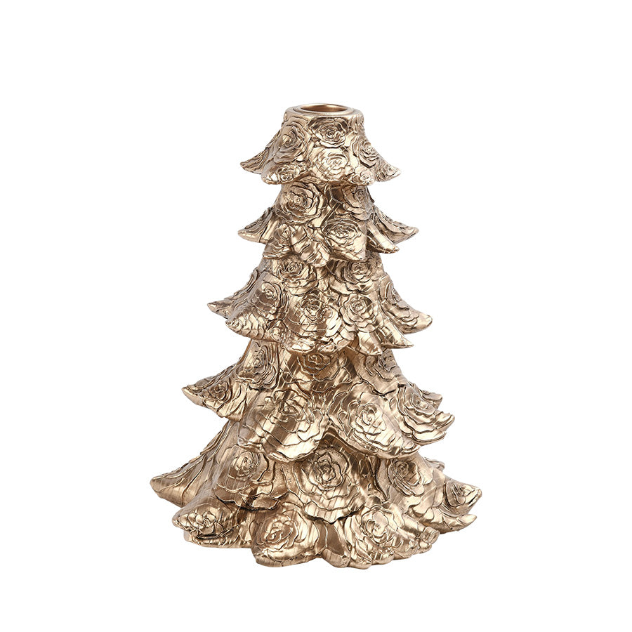 Gullfarget lysestake i form av et detaljert juletre, 18 cm, fra Christiania Glasmagasin
