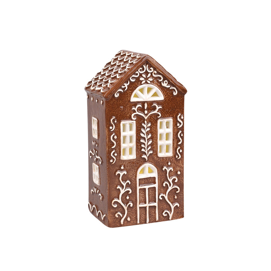 Mørk brun pepperkakehus telysholder i steingods, 20 cm, med dekorative hvite detaljer og vinduer for stemningsfull julebelysning