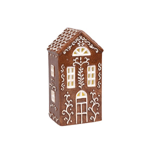 Mørk brun pepperkakehus telysholder i steingods, 20 cm, med dekorative hvite detaljer og vinduer for stemningsfull julebelysning
