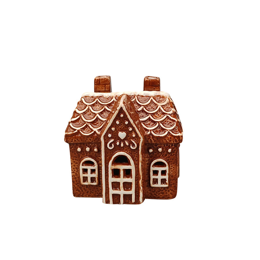 Mørkebrunt pepperkakehus i steingods med hvite detaljer, 9 cm, julepynt fra Christiania Glasmagasin