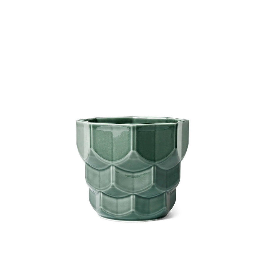 Liten keramisk blomsterpotte i dyp grangrønn glasur med Art Deco-inspirert design, perfekt for stiklinger og små planter.