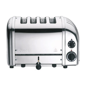 Dualit Classic brødrister i stål med fire skiver, ideell for familiefrokost. Manuell timer for stekegraden og pop-up funksjon.