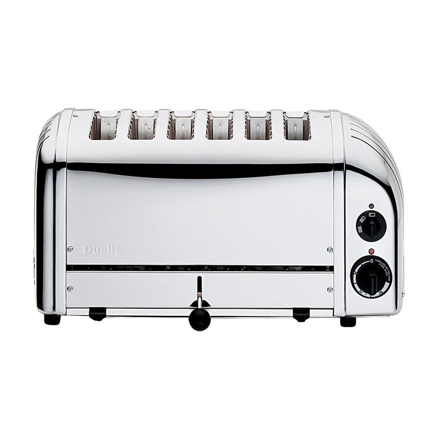 Dualit Classic brødrister i rustfritt stål med seks brede spalter, ideell for store frokoster, håndmontert i England for varig kvalitet.