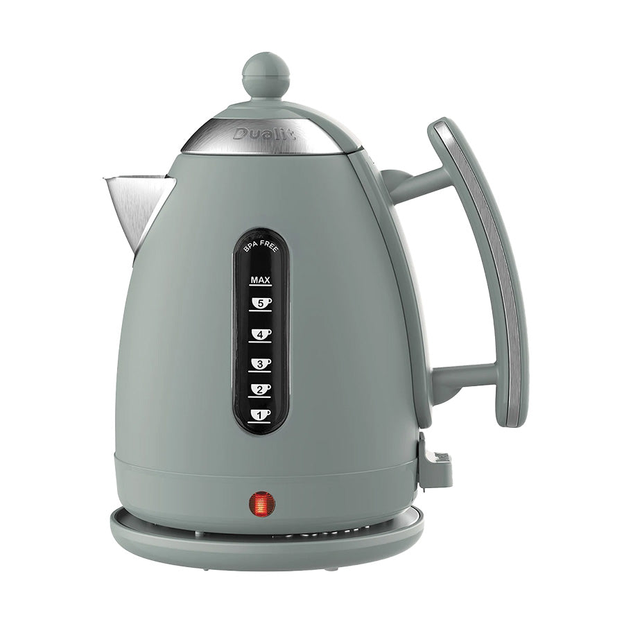 Dualit Lite vannkoker 1,5L i dempet grønngrå farge, trådløs og kompakt design, perfekt for stilige kjøkken.