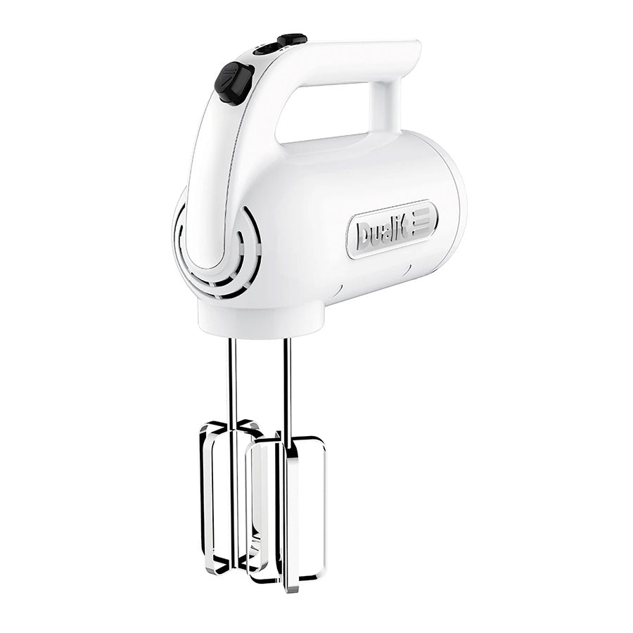 Dualit håndmikser i hvit farge med ergonomisk design, perfekt for enkel miksing av ingredienser på kjøkkenet.